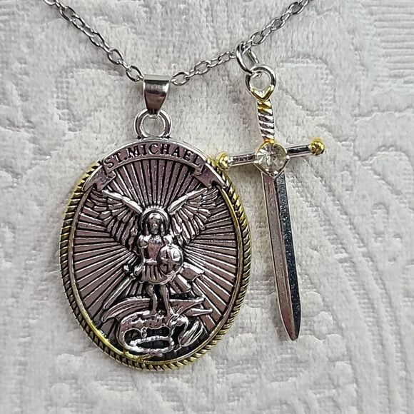 Saint Michael Sword Protection Archangel Necklace Pendant Religious Jewelry - Picture 7 of 11